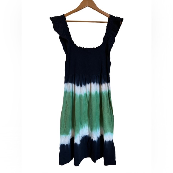 Tie Dye Midi Tank Dress Flutter Sleeve Blue Green White - Picture 1 of 3